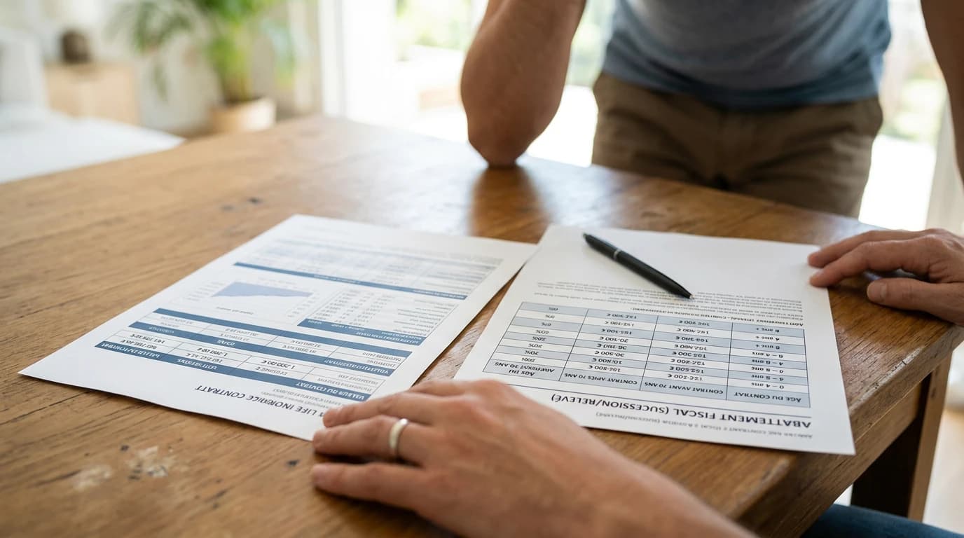 Bénéficiaire consultant un relevé de contrat d'assurance-vie et un tableau d'abattement fiscal