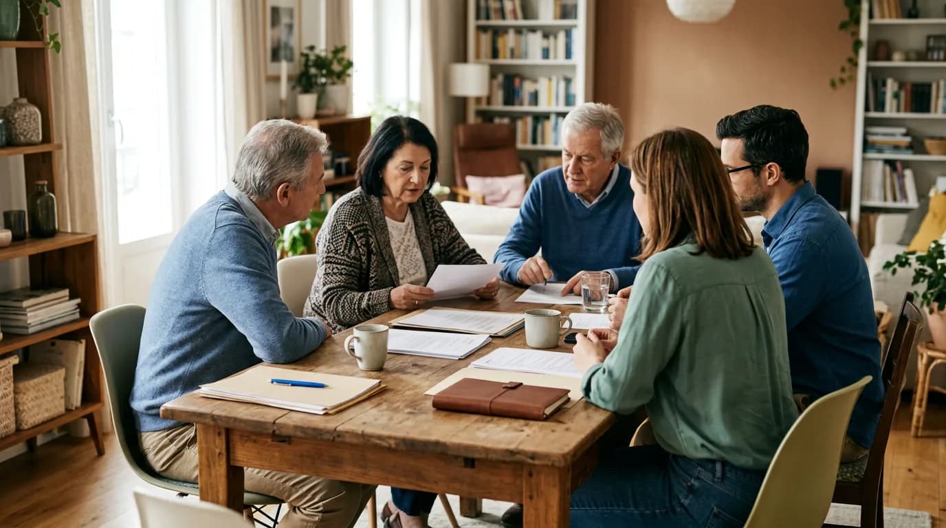Une famille recomposée, deux générations réunies autour d'une table, dossier de succession et papiers de notaire posés devant elles
