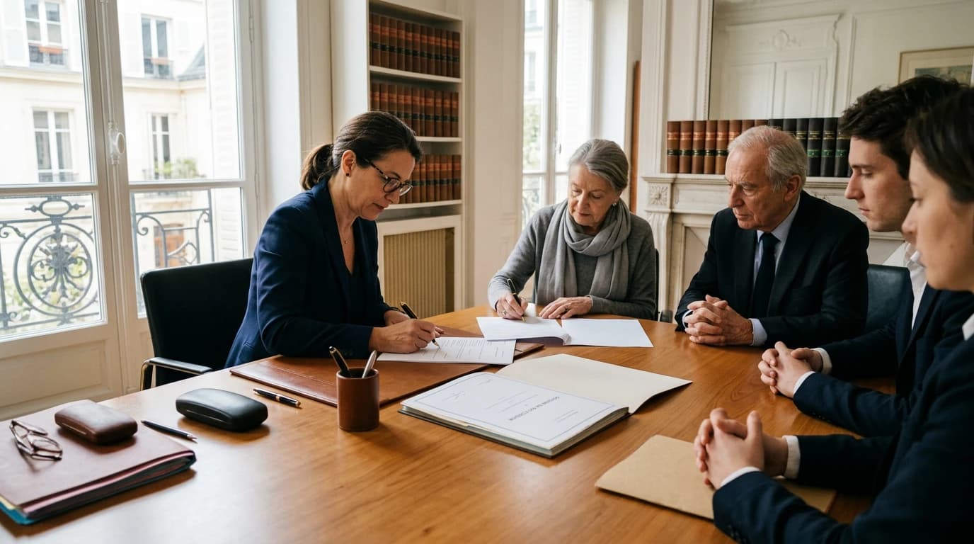 Un notaire signe un acte notarié aux côtés d'héritiers, dossier de succession ouvert sur la table