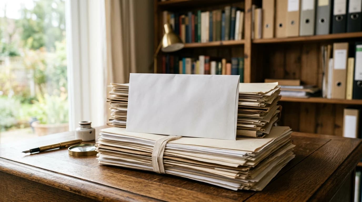 Une enveloppe de courrier bancaire non ouverte posée sur une pile de documents de succession, symbolisant un contrat d'assurance-vie oublié par ses bénéficiaires