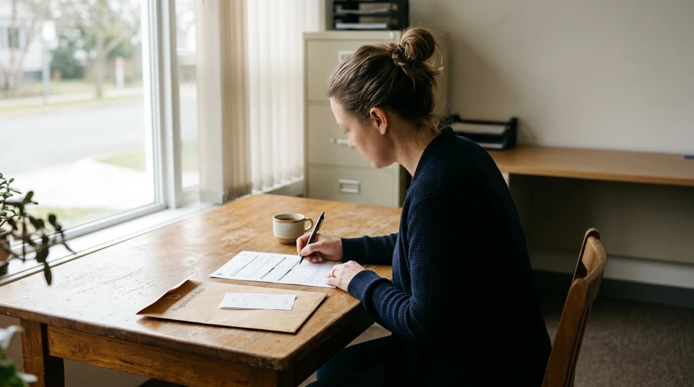 Une personne assise à une table remplit un formulaire administratif à côté d'une enveloppe recommandée, ambiance sobre