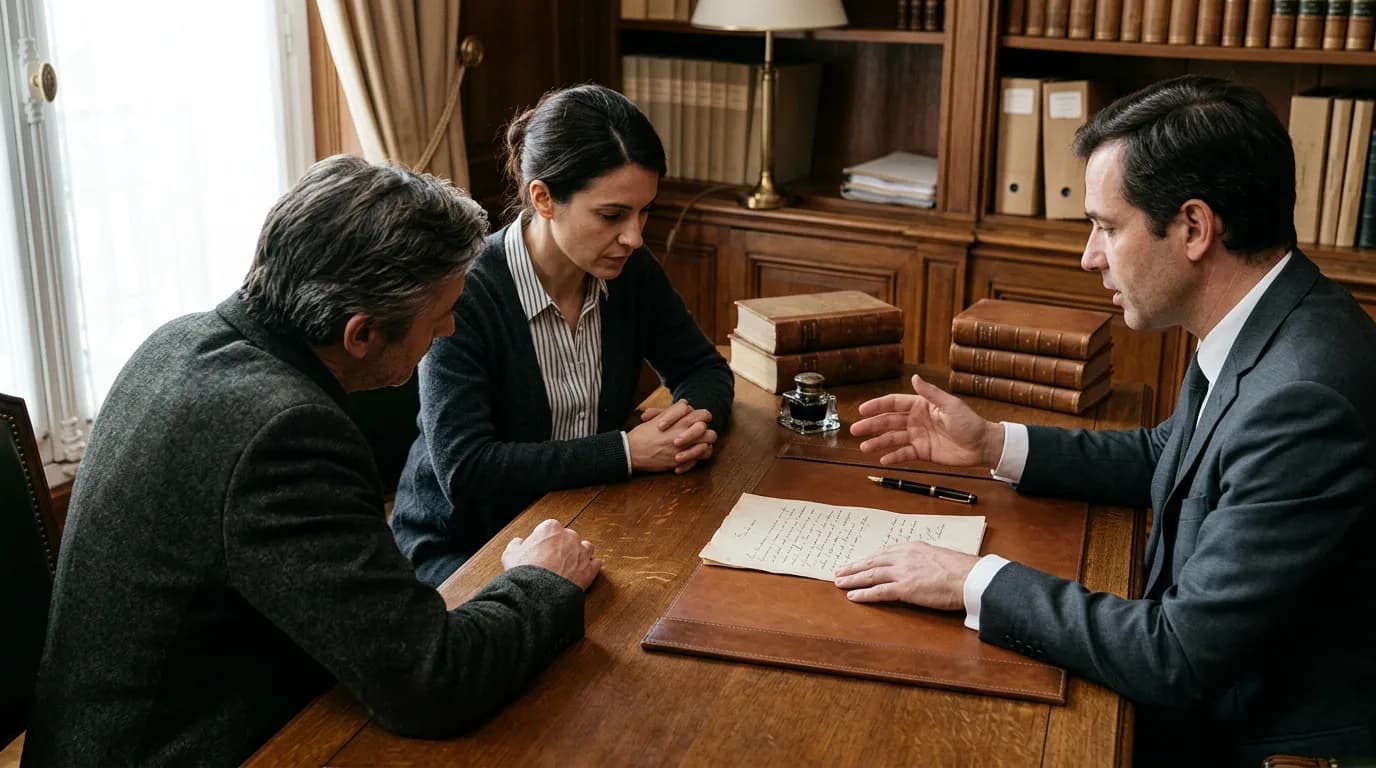 Un notaire montre un document testamentaire manuscrit à deux héritiers soucieux, dans un bureau feutré, ambiance sérieuse et sobre