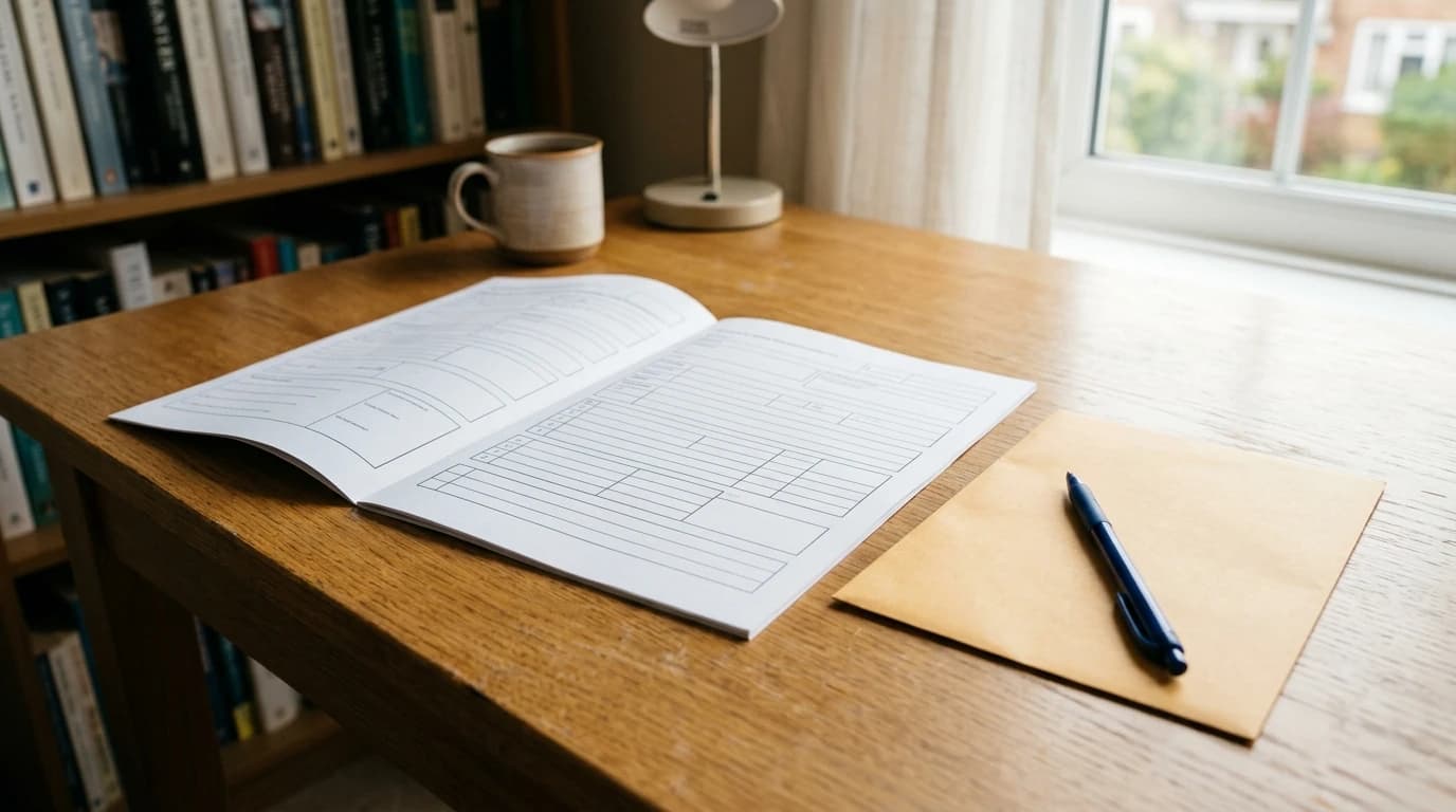 Formulaire administratif de déclaration de succession posé sur un bureau, à côté d'une enveloppe et d'un stylo