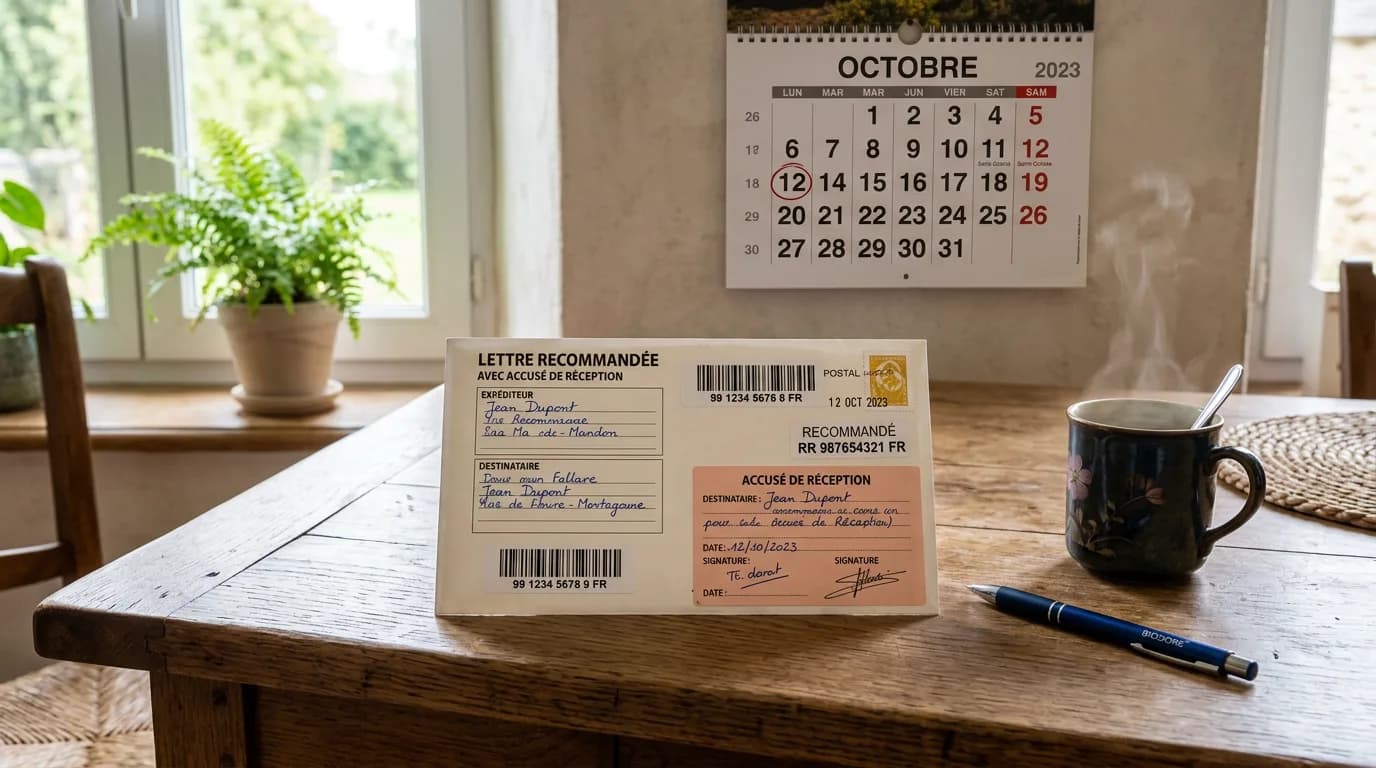 Une lettre recommandée avec accusé de réception posée sur une table en bois à côté d'un stylo et d'un calendrier mural, lumière naturelle du matin