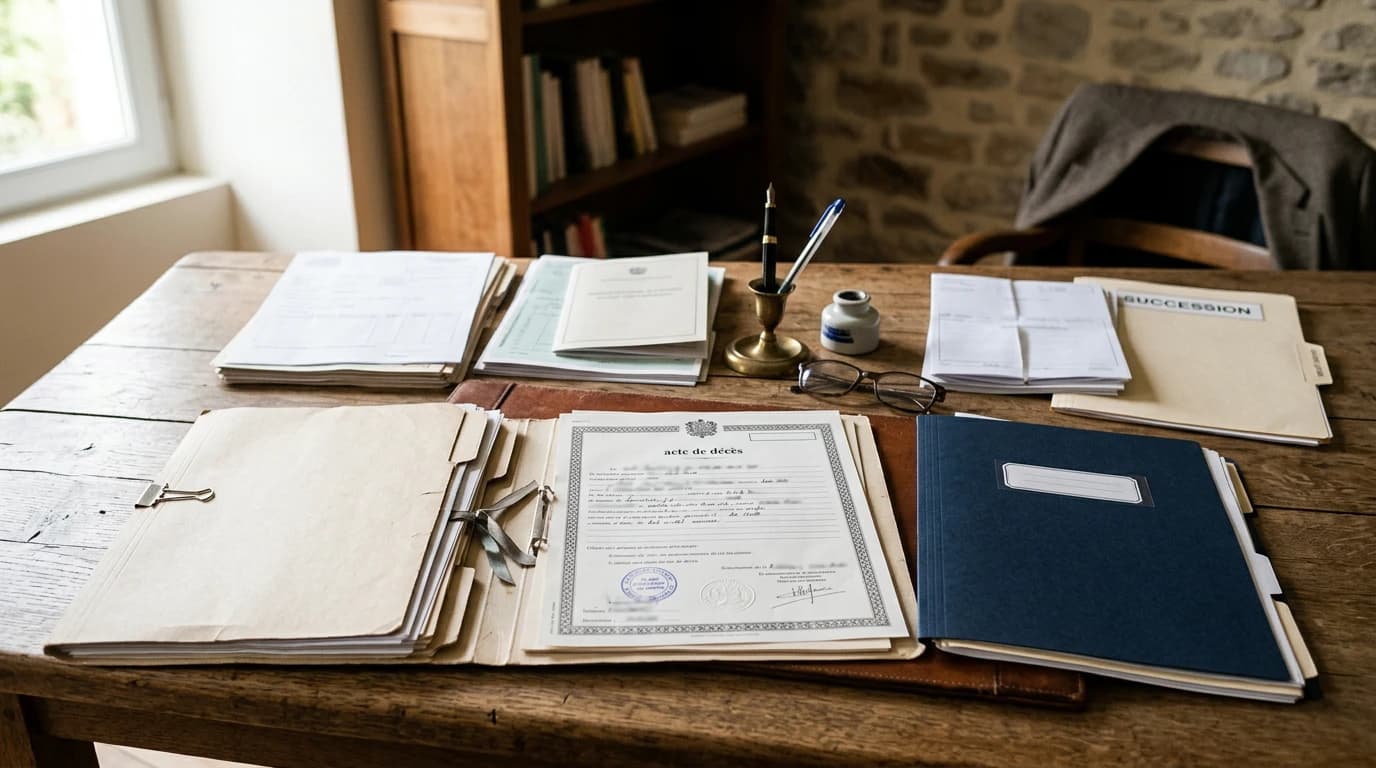 Dossier de documents administratifs et acte de décès posés sur une table, préparés pour une déclaration de succession