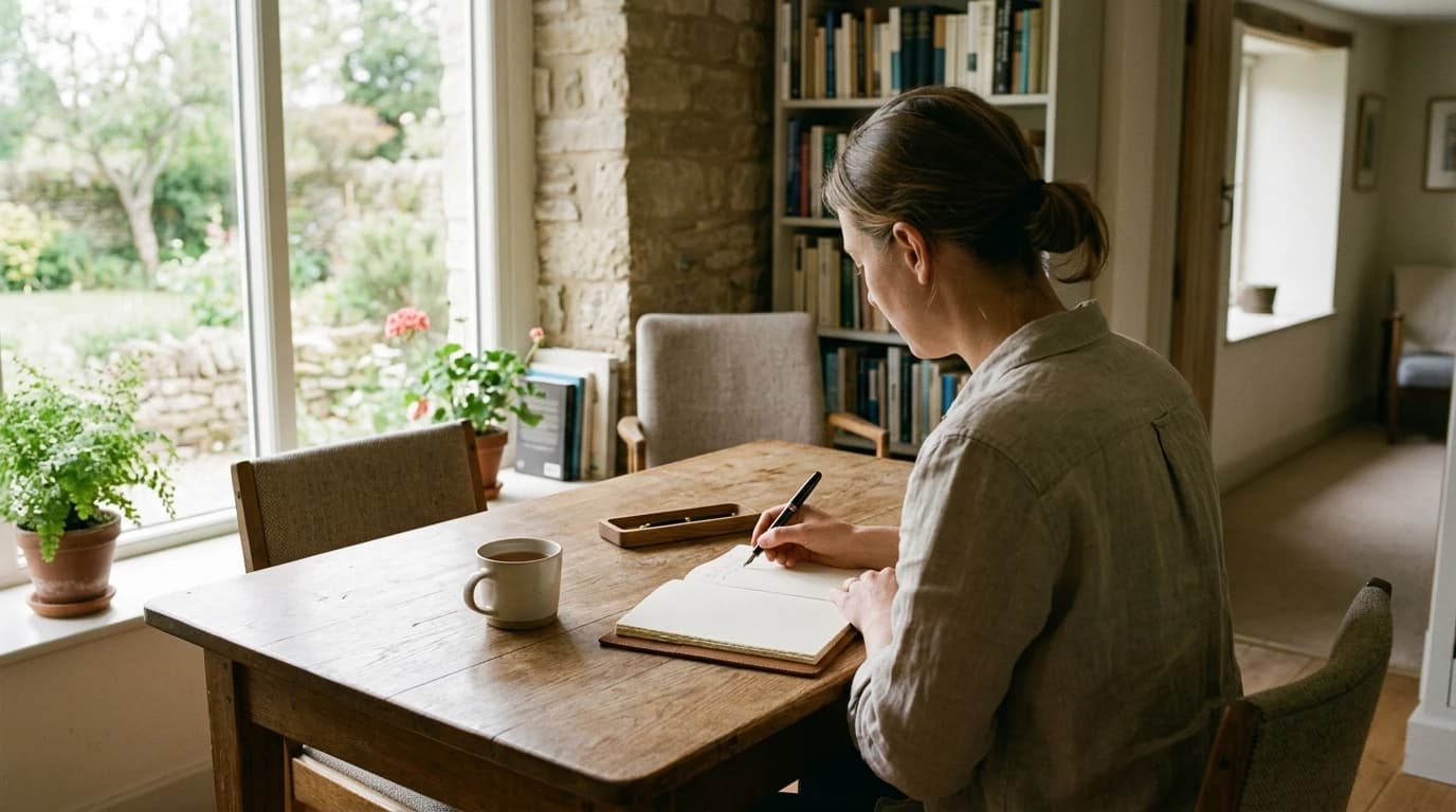 Une personne écrit à la main un document à une table, un stylo à la main, dans un intérieur calme et lumineux