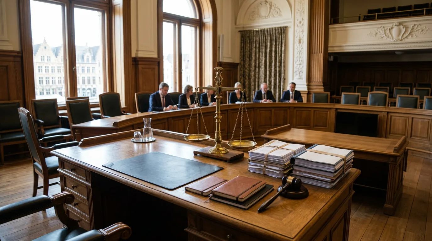 Une salle de commission parlementaire avec des documents budgétaires et une balance stylisée posée sur un bureau en bois, lumière naturelle