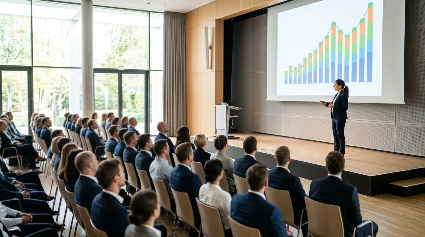 Une tribune de congrès professionnel avec un notaire présentant un graphique de taux fiscaux devant une salle de conférence, lumière naturelle, ambiance institutionnelle