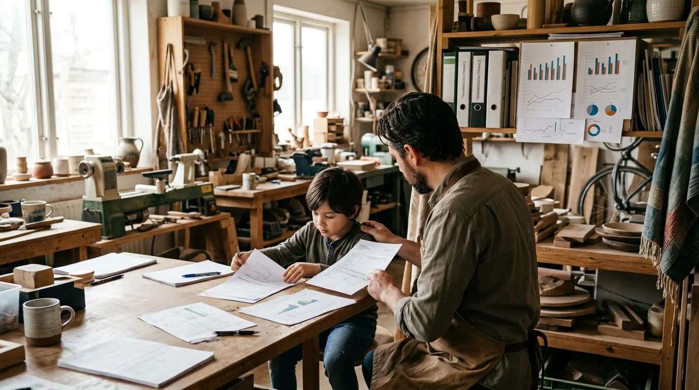 Un entrepreneur et son enfant examinant des documents de transmission d'entreprise dans un atelier artisanal, avec en arrière-plan un dossier budgétaire et des graphiques financiers