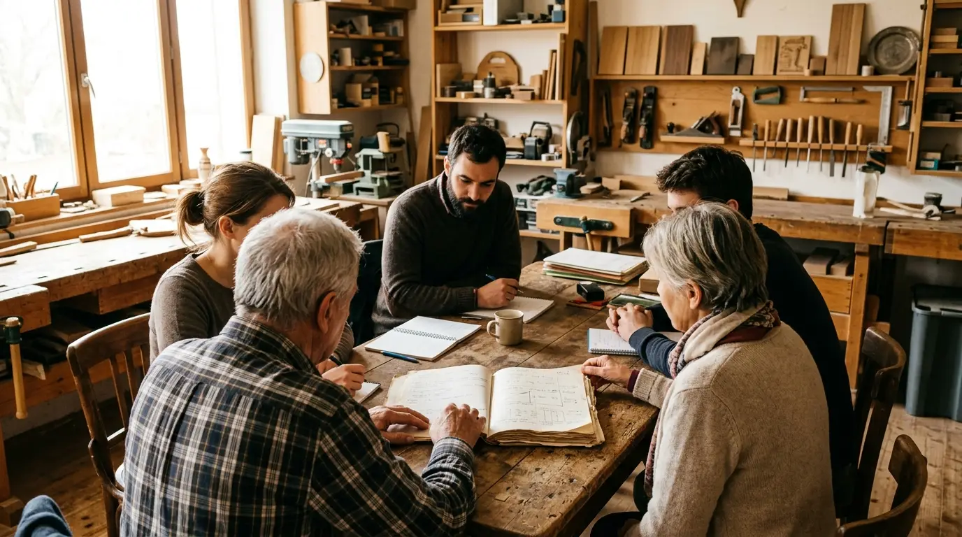 Une réunion familiale autour d'une table dans un petit atelier ou commerce, un dossier de transmission d'entreprise ouvert entre deux générations