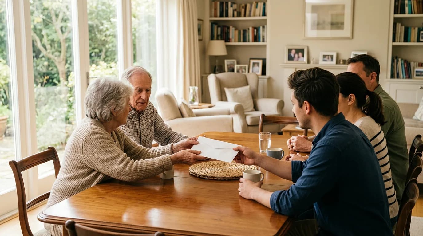 Une famille de trois générations assise autour d'une table dans un salon lumineux, les grands-parents remettant une enveloppe à un jeune adulte, ambiance chaleureuse et institutionnelle