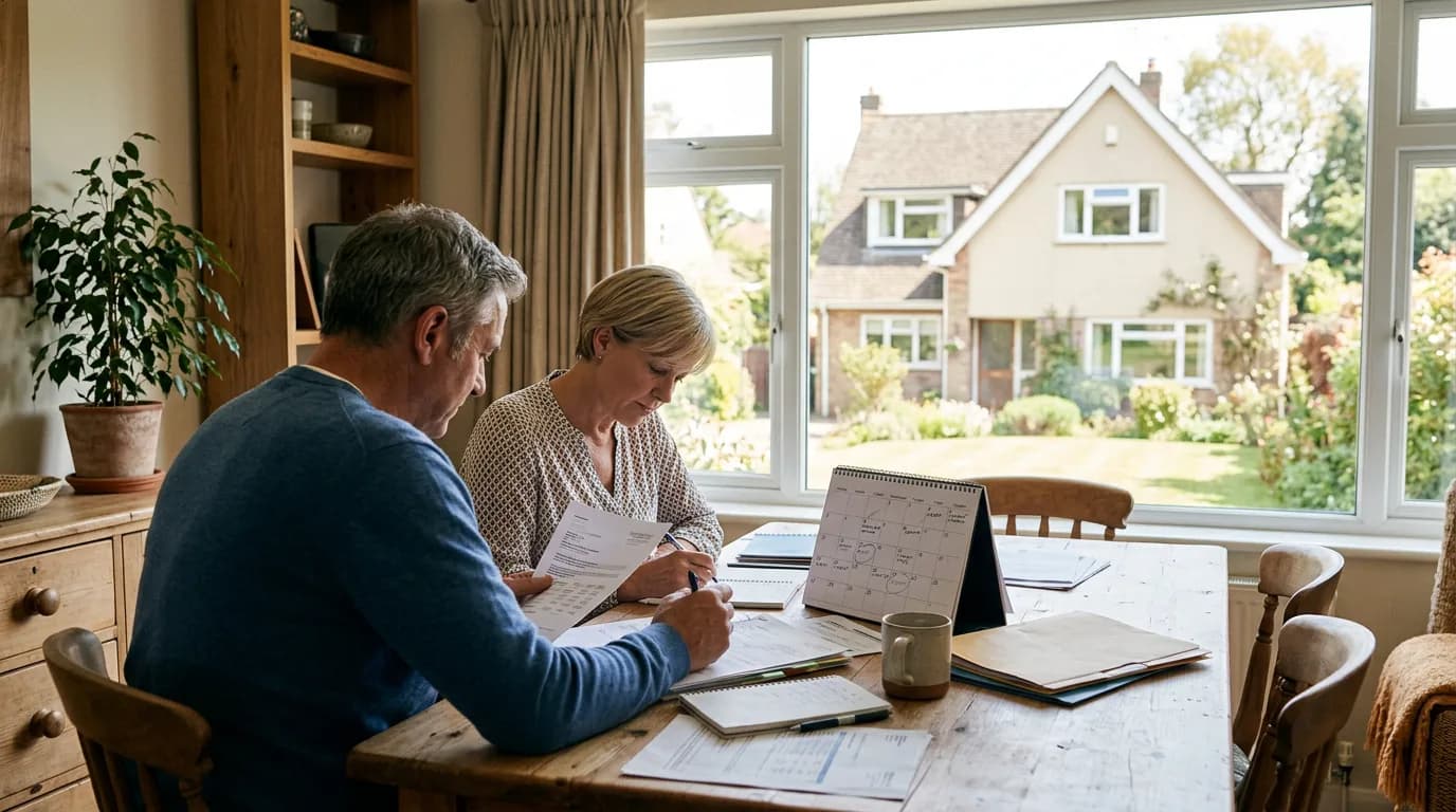 Un couple d'âge mûr consulte des documents et un calendrier à une table, une maison familiale visible par la fenêtre en arrière-plan