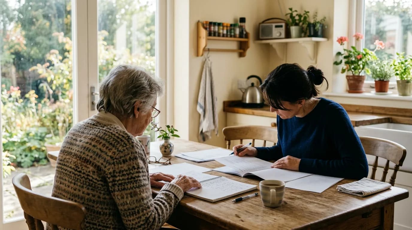 Une femme âgée et sa fille assises à une table de cuisine, des documents et un carnet ouverts devant elles, dans une lumière de fin de matinée