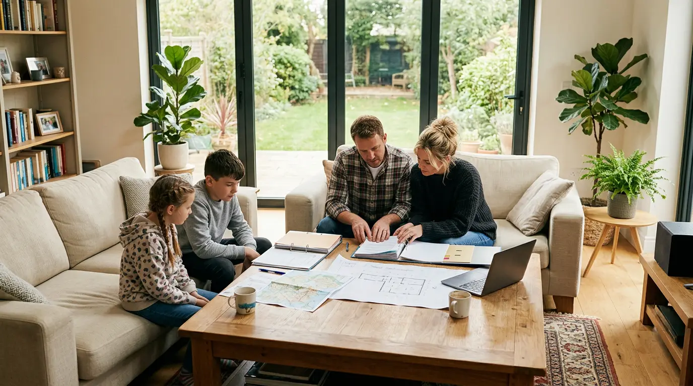 Couple et enfants dans un salon, illustration d'une famille recomposée organisant sa succession