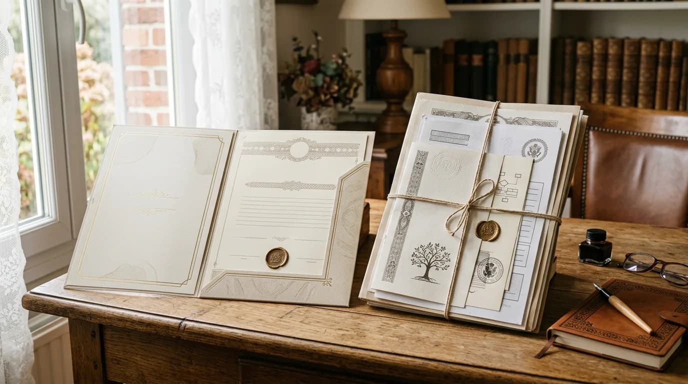 Un contrat d'assurance-vie et des documents de succession posés côte à côte sur un bureau, symbolisant leur traitement fiscal distinct
