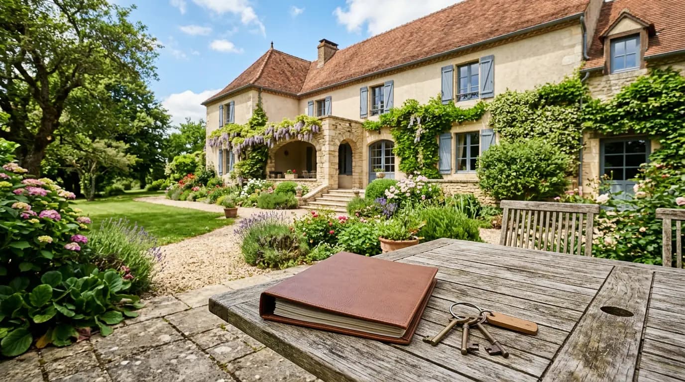 Une maison de famille photographiée depuis le jardin, dossier de gestion patrimoniale et clés posées sur une table extérieure en bois