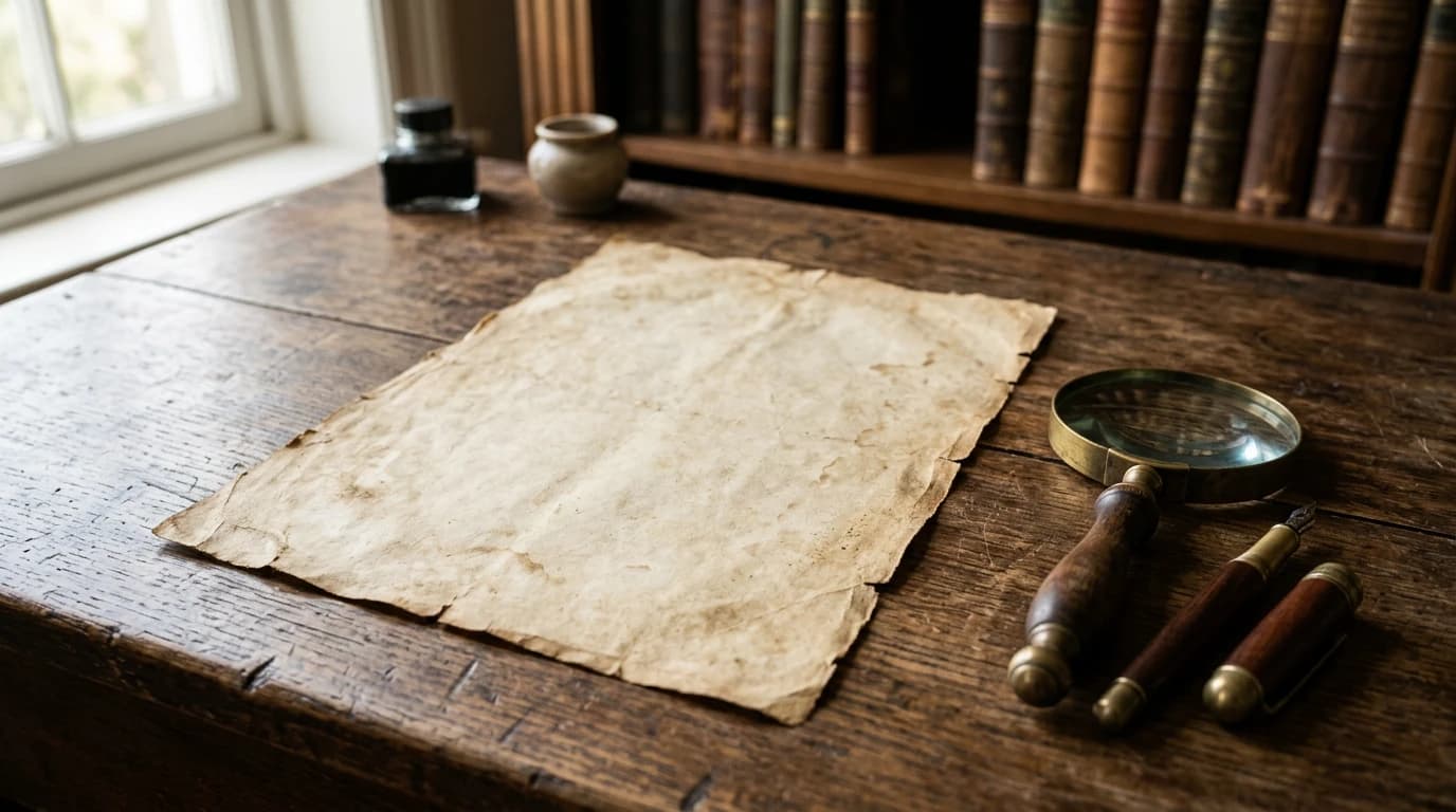 Une feuille manuscrite ancienne posée sur un bureau en bois à côté d'une loupe et d'un stylo plume, sous une lumière naturelle douce