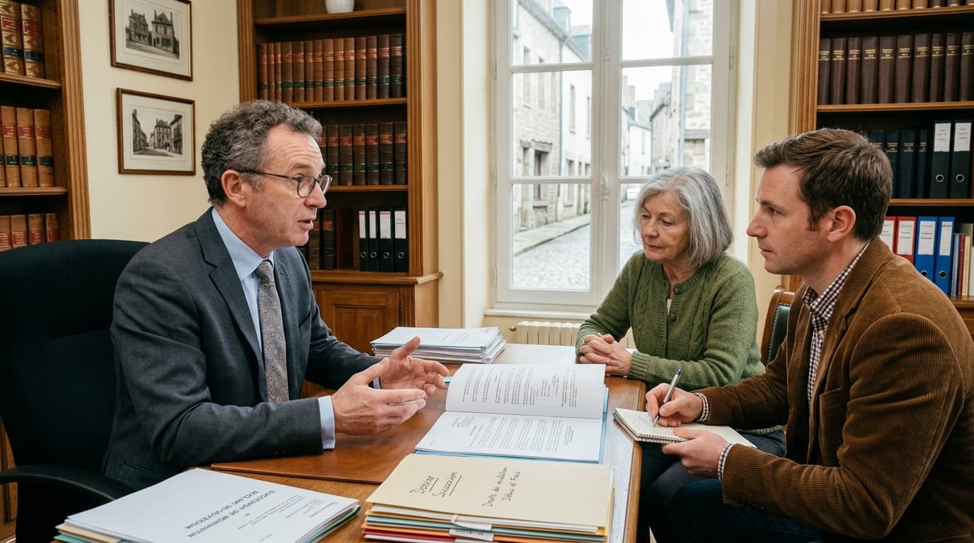 Un notaire recevant une famille dans son étude pour un rendez-vous de succession