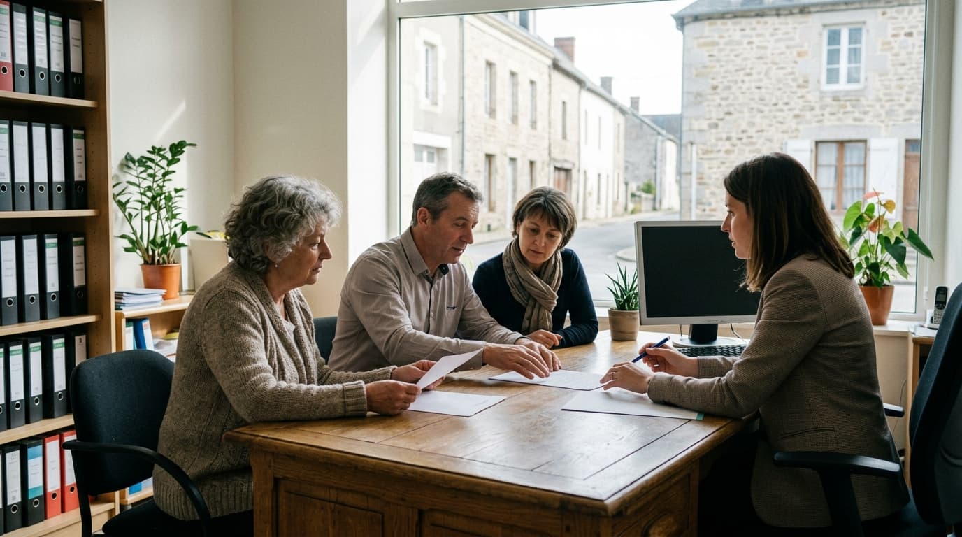 Un couple échangeant avec leur notaire au sujet de leurs droits de succession