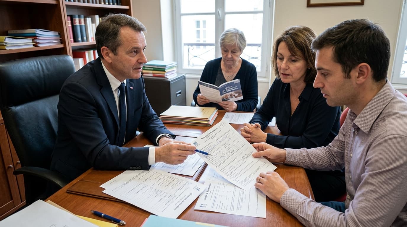 Une famille remplissant une déclaration de succession avec un professionnel