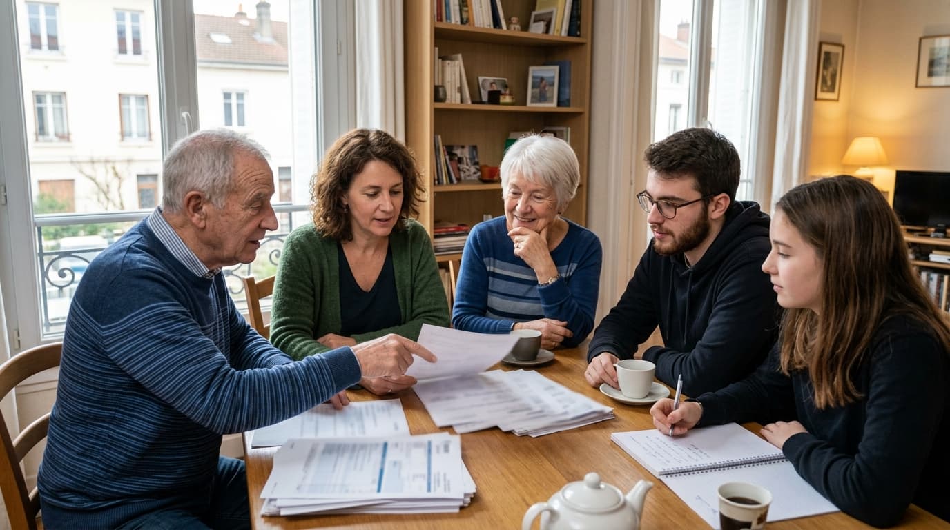 Trois générations d'une même famille réunies autour de documents de donation