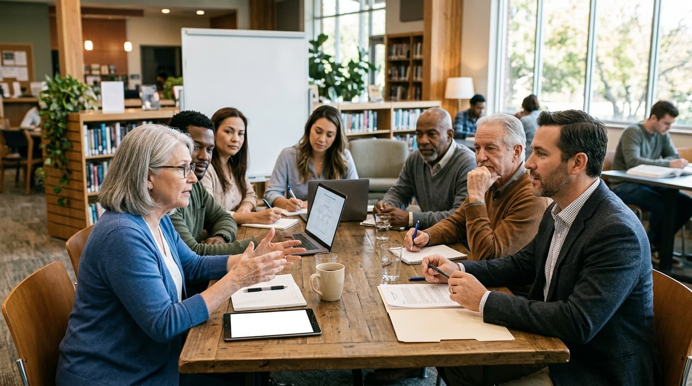 Un groupe échangeant autour d'une table sur des questions de succession