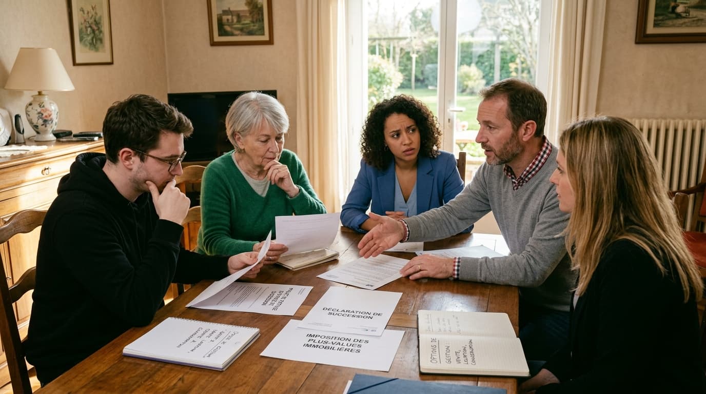 Une famille discutant des options pour un bien immobilier hérité : garder, louer ou vendre