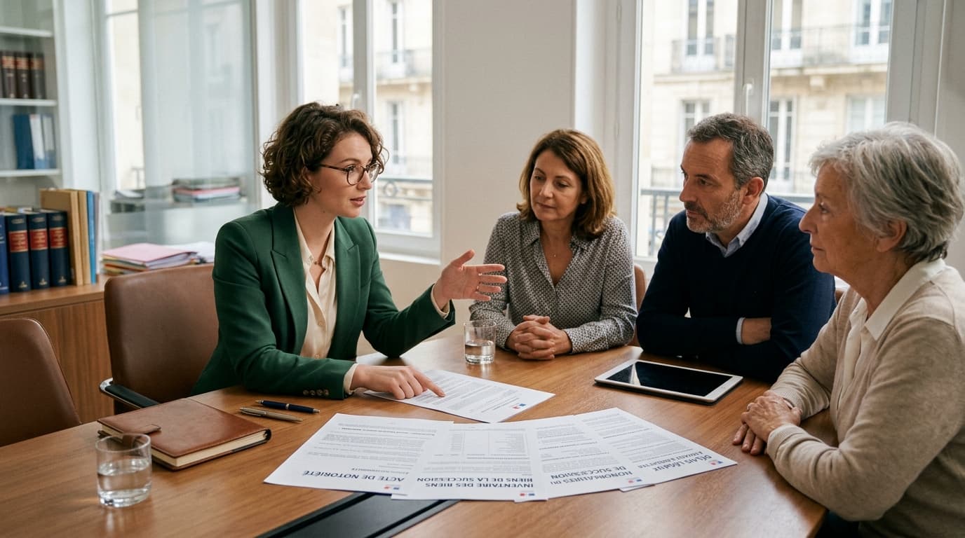 Un notaire expliquant à une famille les démarches et les honoraires d'une succession