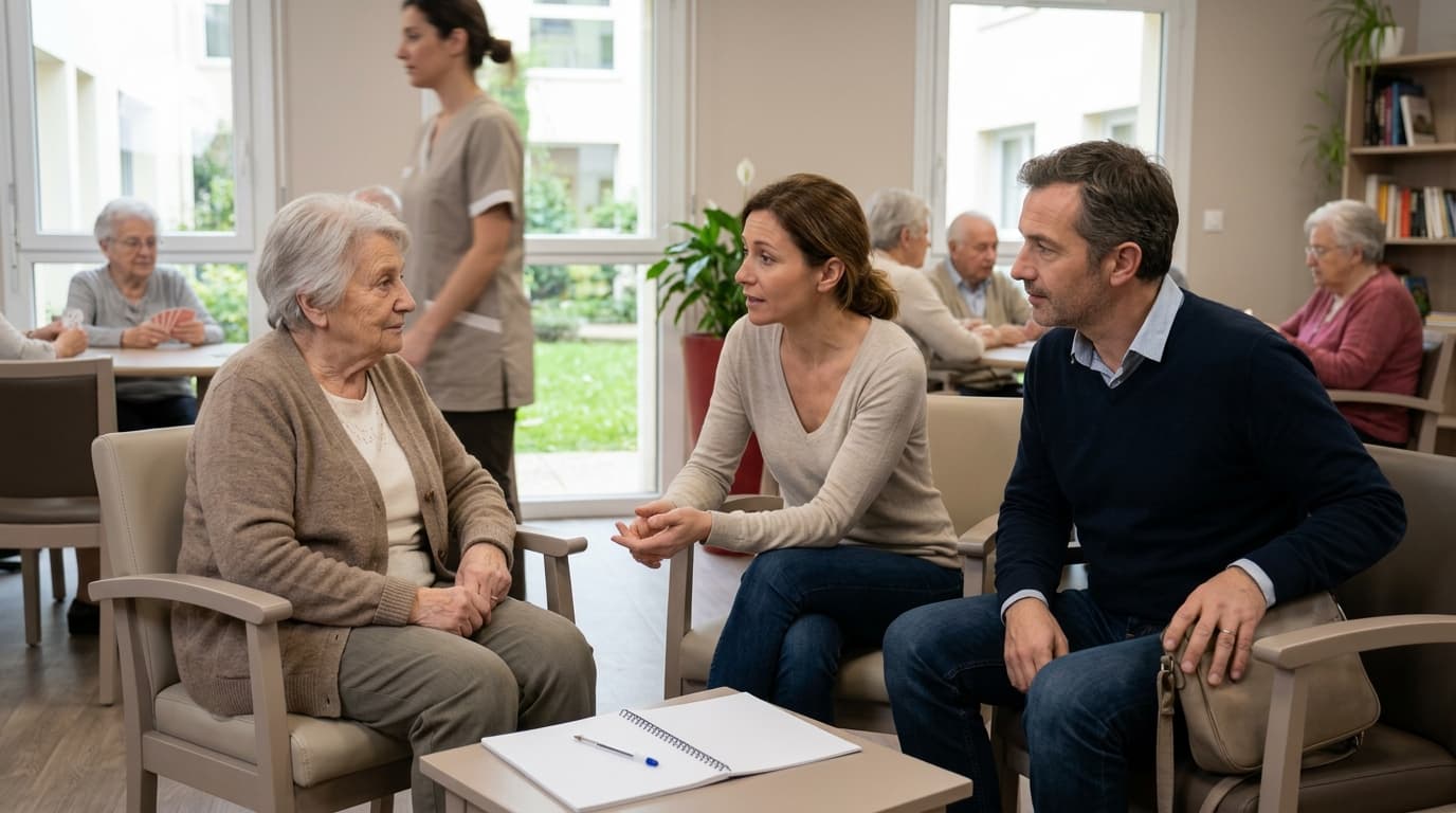 Un couple rendant visite à leur mère résidant en EHPAD