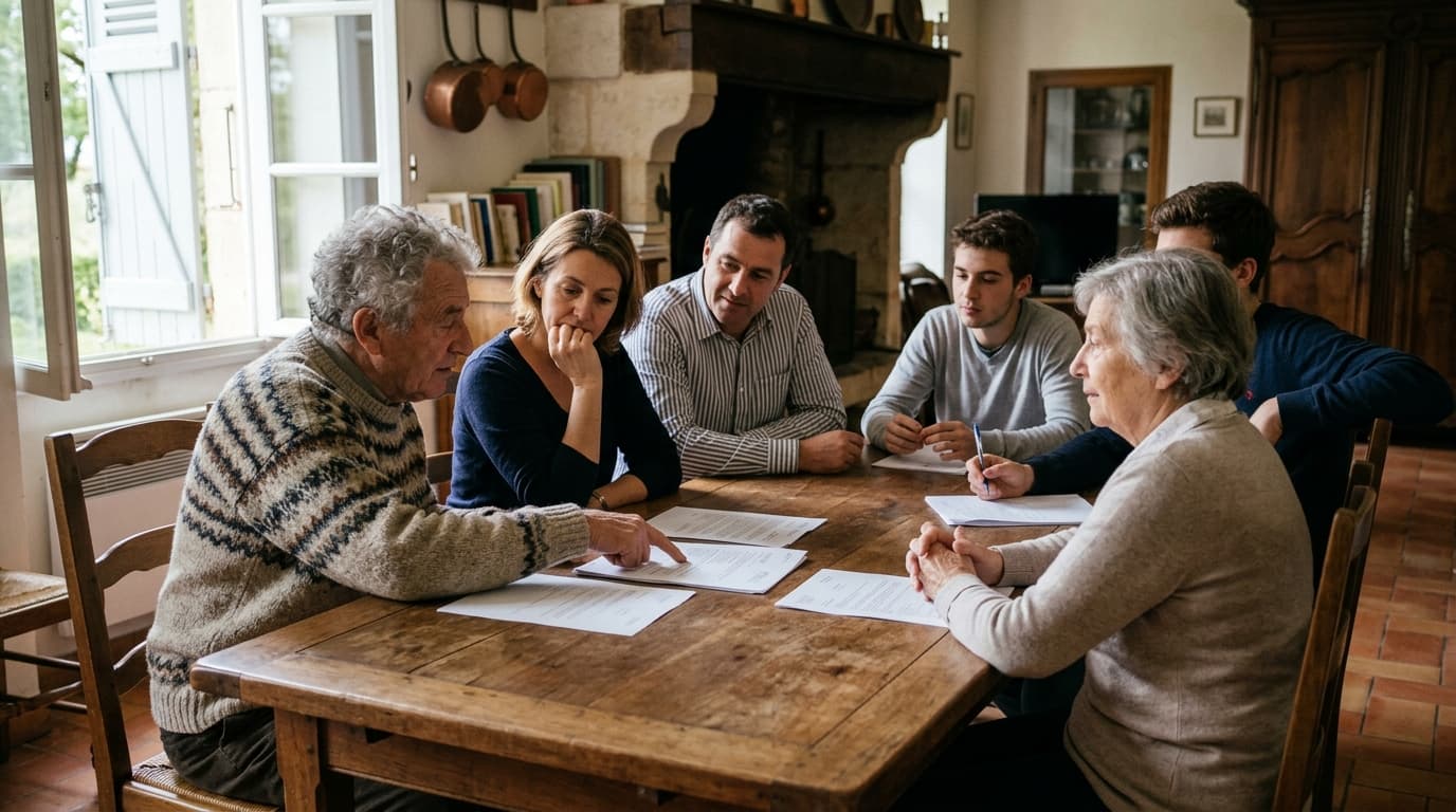 Une famille réunie autour de la table pour discuter de la SCI familiale