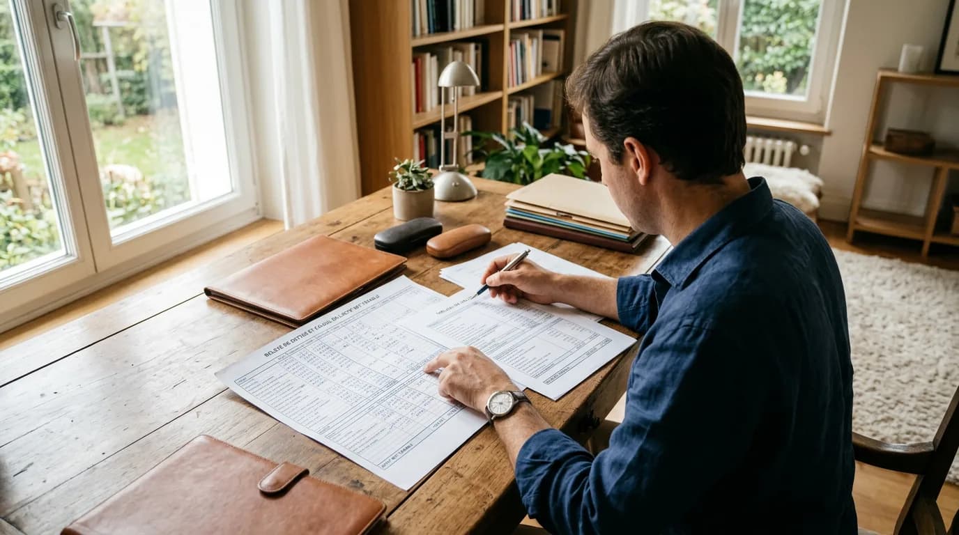 Héritier consultant un relevé de dettes et un tableau de calcul de l'actif net taxable d'une succession