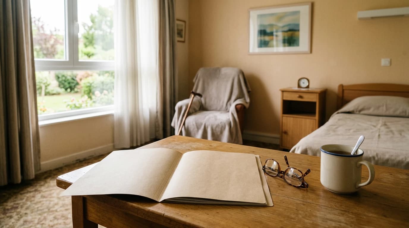 Un dossier administratif ouvert sur une table, à côté d'une paire de lunettes et d'une tasse, dans une chambre d'établissement pour personnes âgées