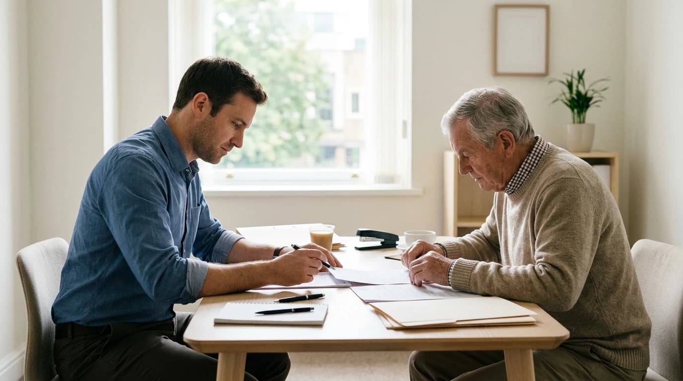 Un conseiller et une personne âgée examinent ensemble des documents administratifs à une table, dans un bureau lumineux et sobre, ambiance calme et professionnelle