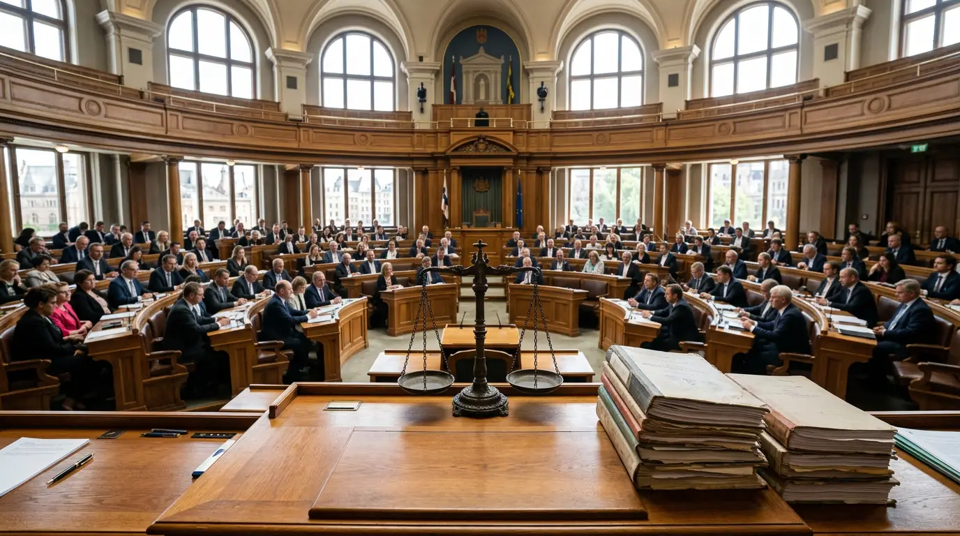 Un hémicycle parlementaire stylisé avec une balance et des documents budgétaires posés sur un bureau en bois, lumière naturelle