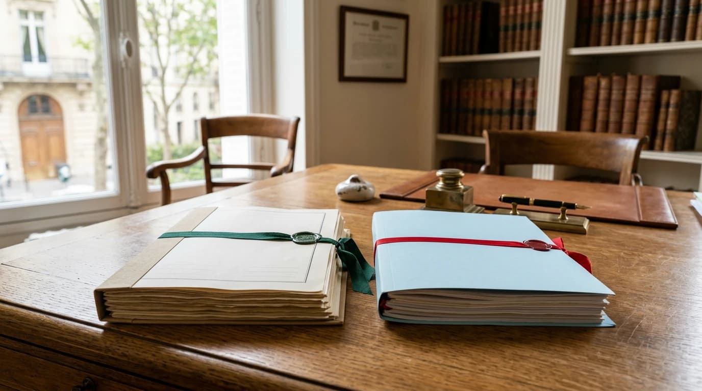 Bureau de notaire avec un acte de cession de parts sociales et un dossier de SCI familiale posés côte à côte, lumière naturelle
