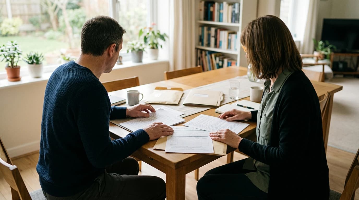 Couple non marié assis à une table, documents de succession et alliance absente, illustration des droits du concubin survivant