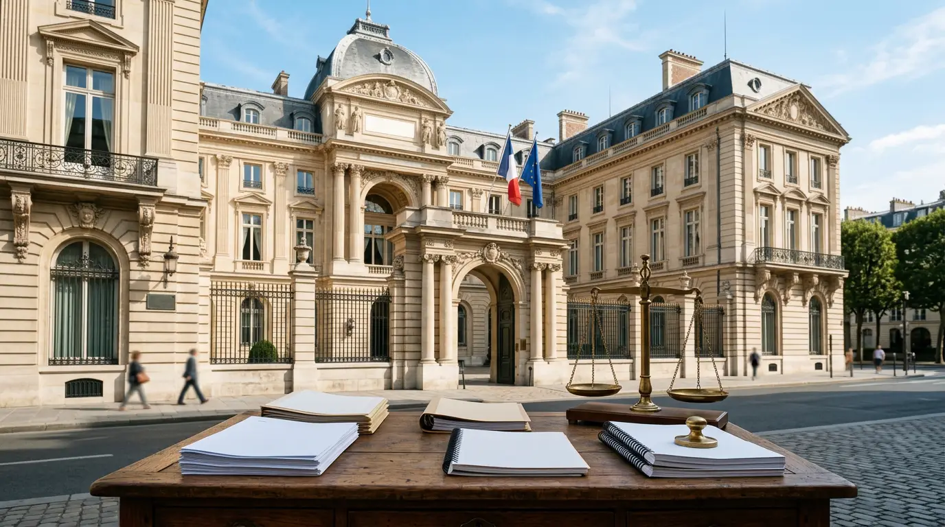 La façade du Palais Cambon, siège de la Cour des comptes à Paris, avec des documents budgétaires et une balance posés sur un bureau en premier plan