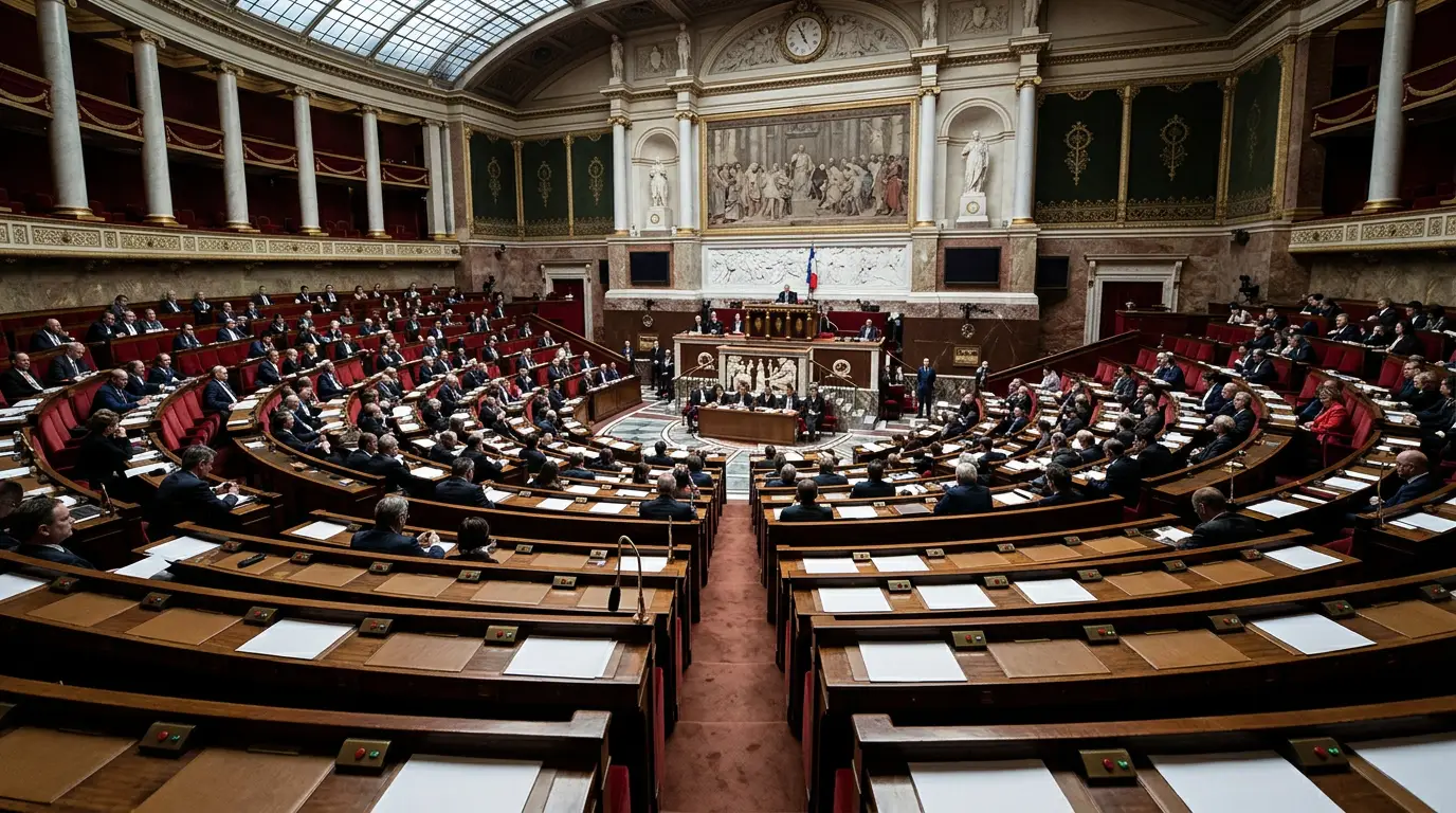 Vue large de l'hémicycle de l'Assemblée nationale pendant une séance de vote, sièges et pupitres en premier plan, lumière naturelle, ambiance institutionnelle, aucun visage reconnaissable