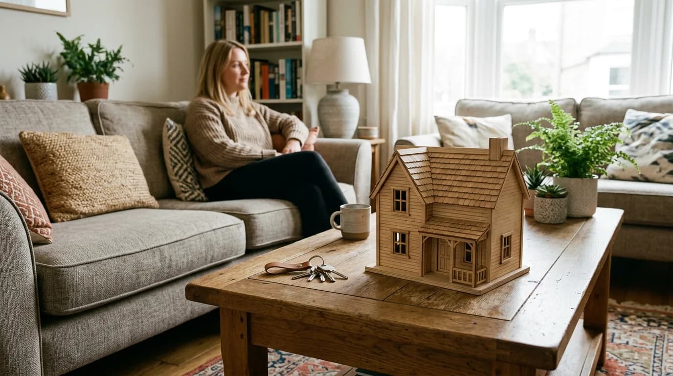 Une maquette de maison en bois posée sur une table basse de salon, à côté d'un trousseau de clés, en lumière naturelle, aucun texte visible