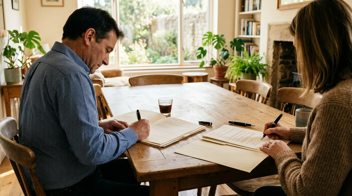 Deux personnes signant un acte de vente autour d'une table, symbole d'une transaction familiale pouvant dissimuler une donation