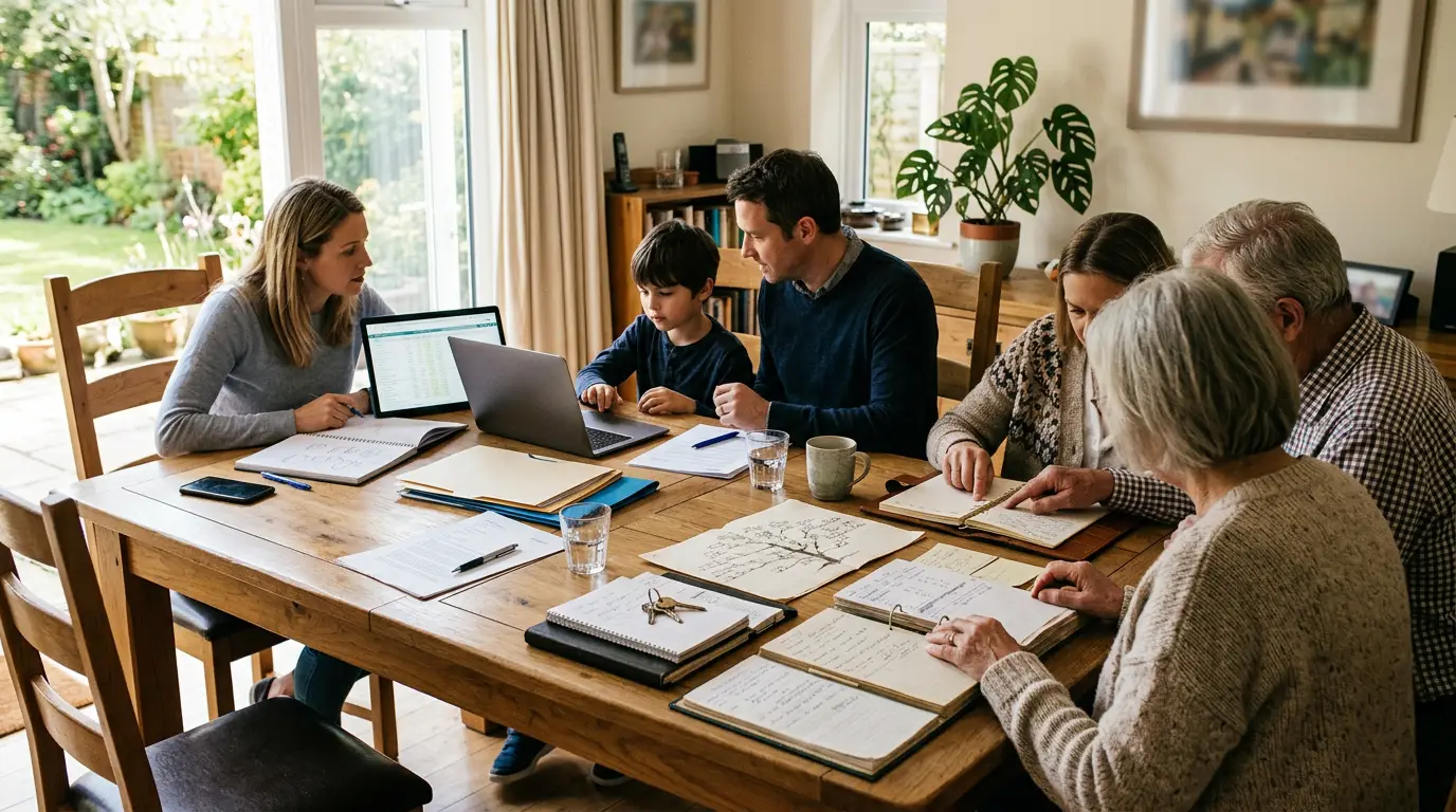 Trois générations d'une même famille autour d'une table, symbole d'une transmission organisée sur deux étapes