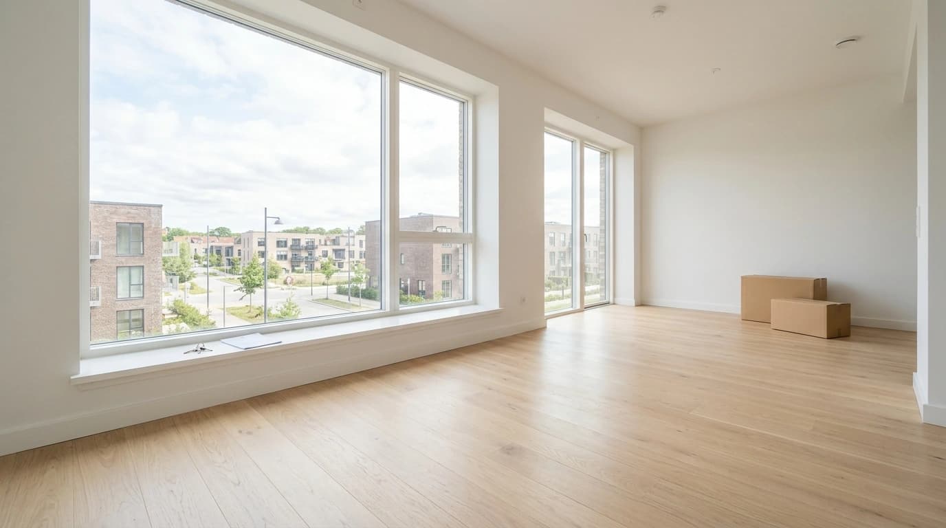 Le séjour vide d'un appartement neuf, parquet clair et grandes baies vitrées, un trousseau de clés et un document posés sur l'appui de fenêtre