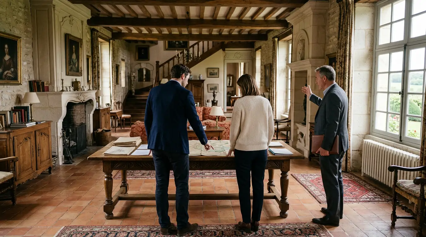 Un couple d'héritiers et un professionnel de l'immobilier examinant un bien avant sa mise en vente en succession.