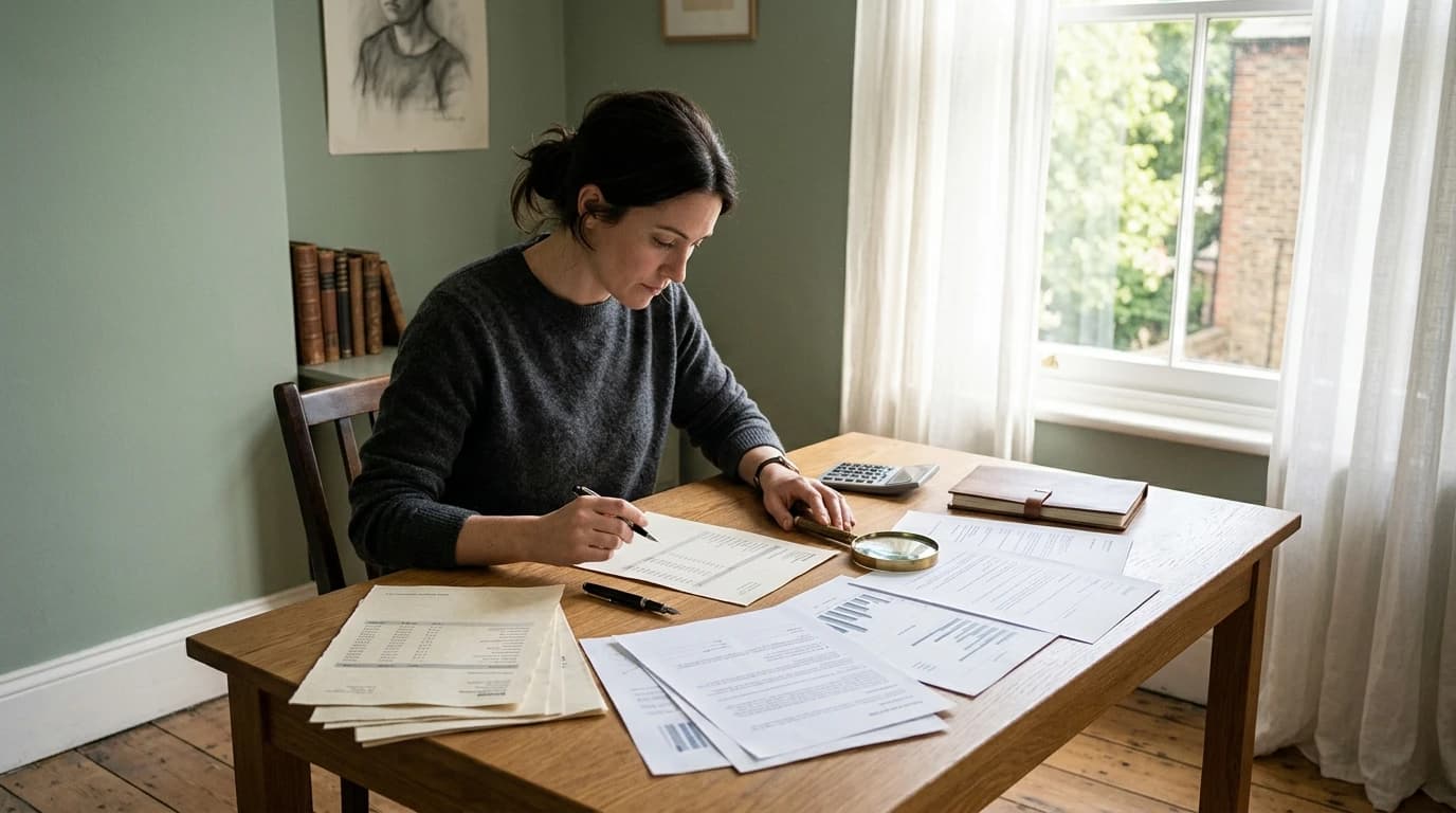 Une personne assise à une table examine un relevé bancaire et des documents de succession, ambiance sobre et professionnelle, lumière naturelle