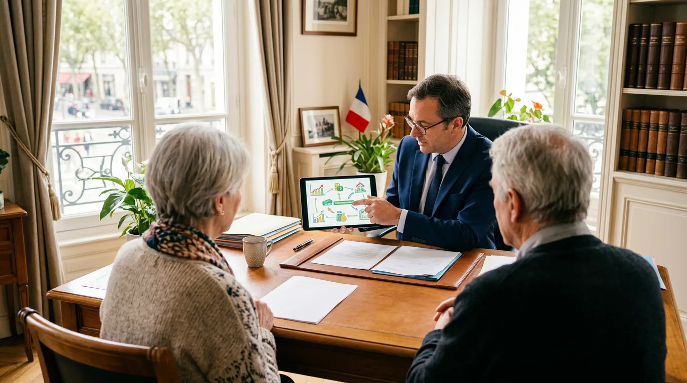 Un notaire présente à un couple senior un graphique de flux de patrimoine sur une tablette, dans une étude notariale lumineuse avec des documents de succession posés sur le bureau