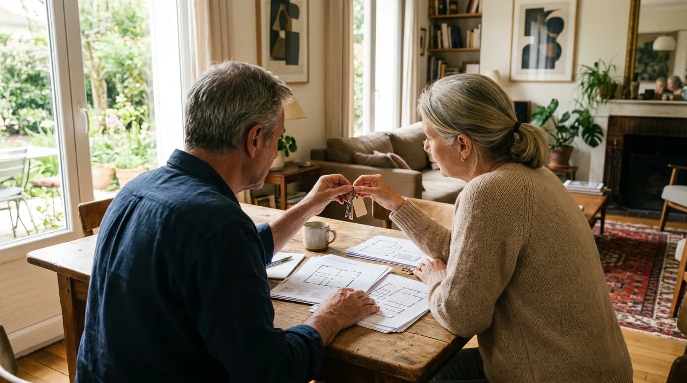 Un homme et une femme d'une cinquantaine d'années examinant ensemble des clés et des documents immobiliers dans le salon lumineux d'une maison de famille