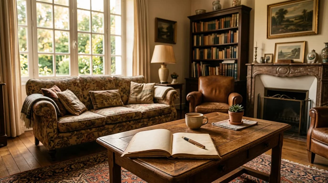 Un salon familial aux meubles anciens, un carnet ouvert et un stylo posés sur une table basse, lumière douce de fin d'après-midi
