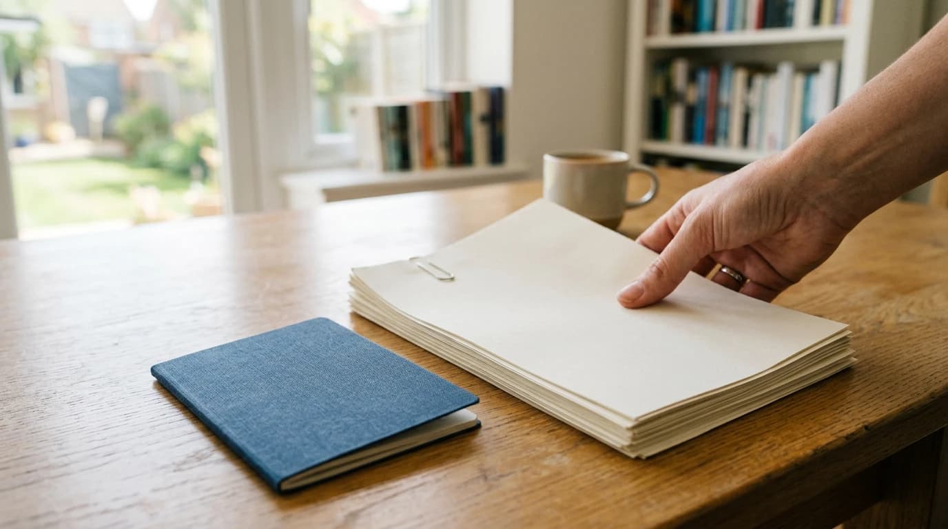 Une main pose des documents de succession à côté d'un carnet de compte bancaire fermé