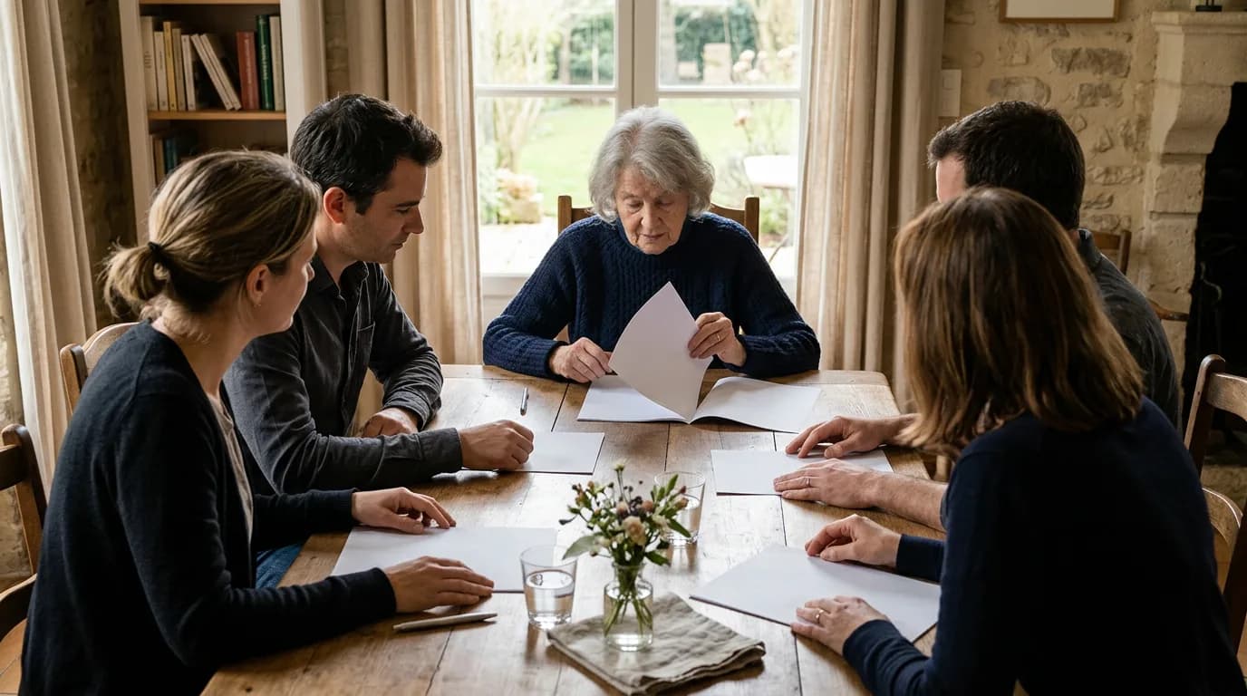 Une famille réunie autour d'une table examine calmement des documents avec un parent âgé, ambiance sobre et bienveillante