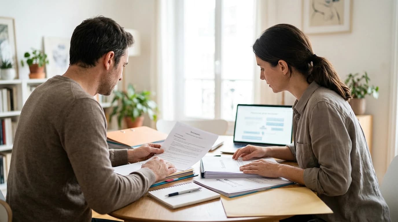 Un couple pacsé consultant des documents de succession à une table, alliance absente, illustration de la comparaison avec le mariage